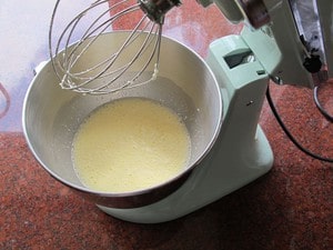 Eggs and cream cheese beaten with a stand mixer.