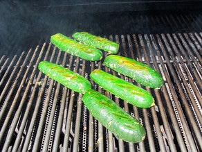 Zucchini halves on a grill, skin side up.