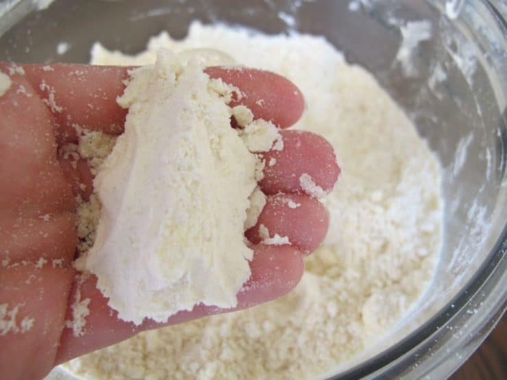 Hand holding flour butter mixture compressed into dough over food processor.