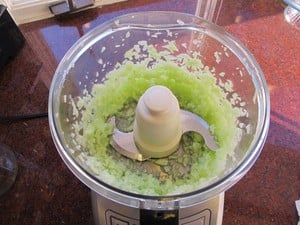 Cucumbers pulsed in a food processor.