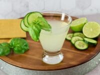 Vertical shot of a short cocktail glass filled with a cucumber martini recipe, garnished with slices of fresh cucumber.
