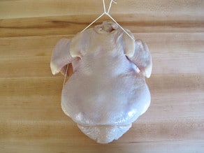 Whole chicken breast down back up, trussing strings wrapped up around neck.