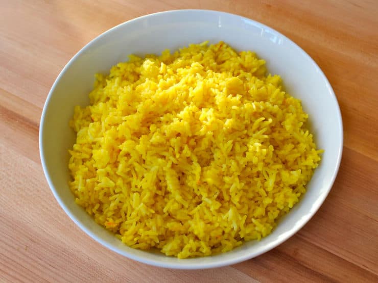 Saffron rice in a bowl.