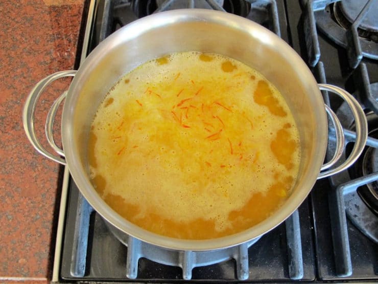Boiling rice in a saucepan.