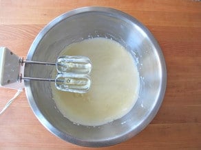 Eggs beaten into butter mixture.
