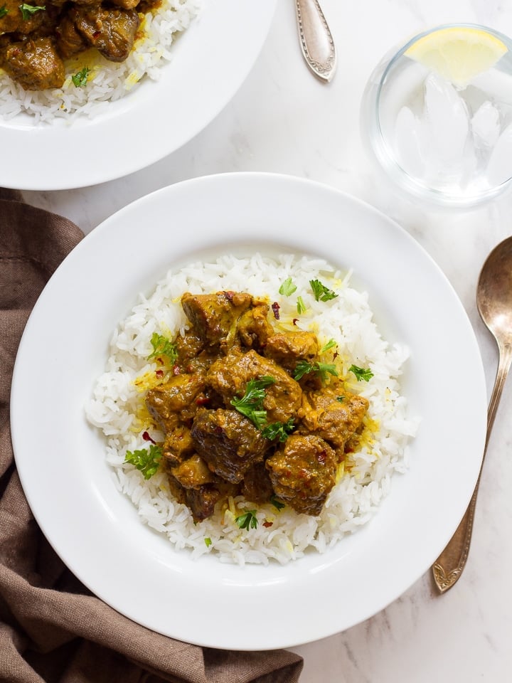 Persian Lamb Stew - Simple stew with meat, turmeric, and chili pepper flakes. Slowly cooked, tender stew over basmati rice. Kosher, meat.