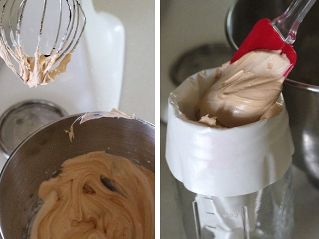 Royal icing being made with stand mixer, mixed to a taupe putty color.