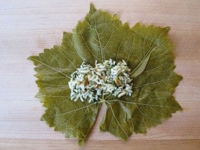 Filling placed on stem end of grape leaf.