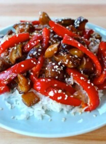 Sweet and Sour Eggplant - A simple Chinese-inspired recipe with eggplant, red peppers and sauce. Vegan, healthy, gluten free, dairy free, kosher, pareve.