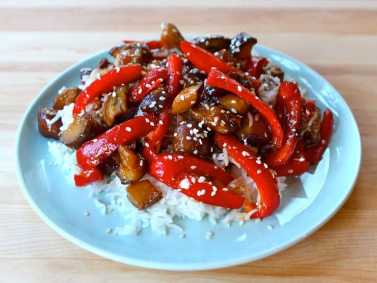 Sweet and Sour Eggplant - A simple Chinese-inspired recipe with eggplant, red peppers and sauce. Vegan, healthy, gluten free, dairy free, kosher, pareve.