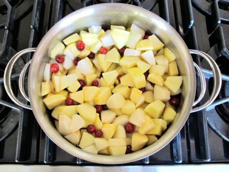 Apple juice and cranberries with diced apples in a pot.