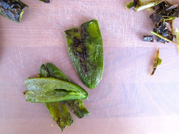 Roasted skinned jalapeño pieces.