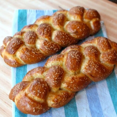 A braided loaf of bread with a twist, combining the flavors of pretzel and challah