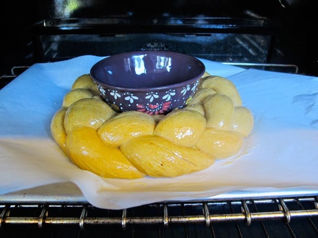 Baking challah braid in oven.