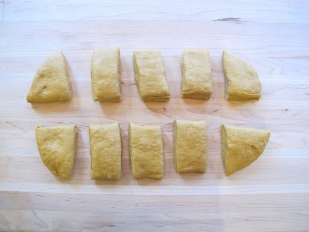 One third of challah dough cut into 10 sections.