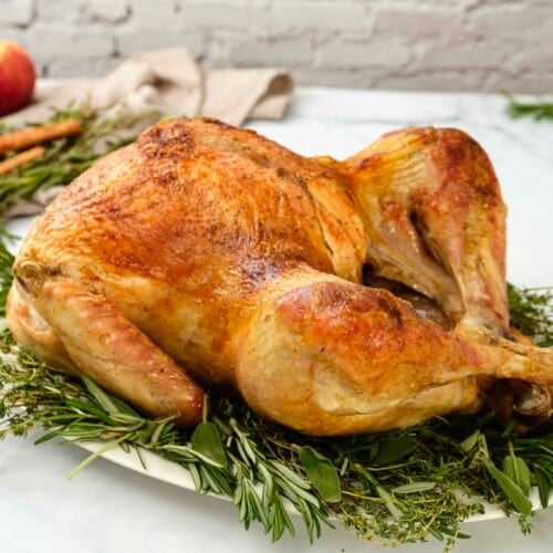 A platter of a whole classic roast turkey browned to perfection, on a bed of fresh green aromatic herbs. Apples, herbs, cinnamon sticks, and linen napkins in background.