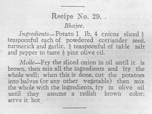 Potato Bhajee - Vintage kosher Jewish Indian recipe from a 1922 cookbook called the Jewish Cookery Book. Pareve.