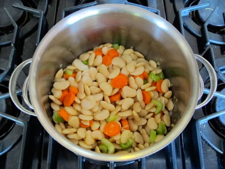 Carrot, celery, and soaked beans added to stockpot.