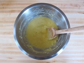 Eggs and milk stirred into butter mixture.