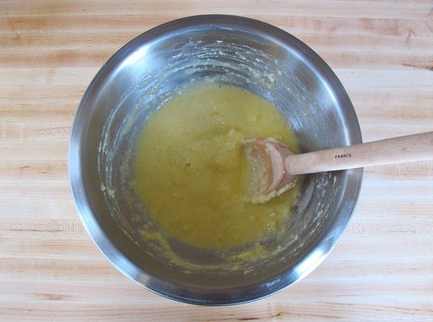 Eggs and milk stirred into butter mixture.