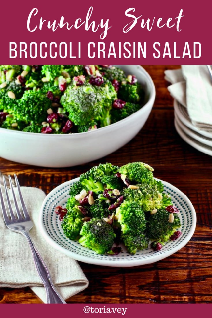 A simple, healthy, delicious make-ahead side dish with broccoli, dried cranberries, sunflower seeds, scallions and dressing | ToriAvey.com #vegetarian #broccoli #sidedish #salad #TorisKitchen