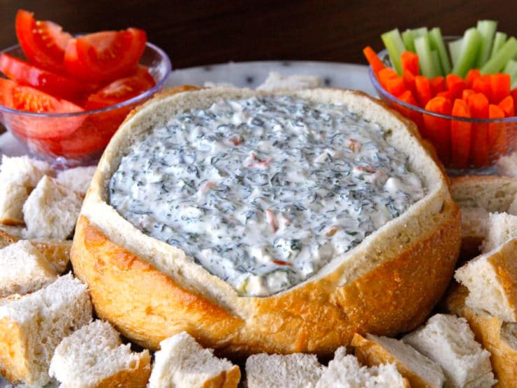 Aunt Carol's Spinach Dip - Delicious, creamy appetizer with sourdough bread for dipping. Perfect for parties, potlucks. Kosher, Dairy.