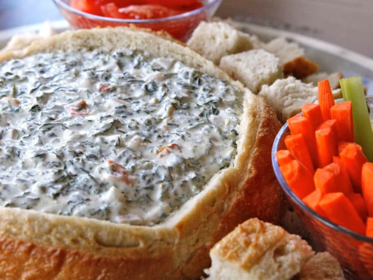 Aunt Carol's Spinach Dip - Delicious, creamy appetizer with sourdough bread for dipping. Perfect for parties, potlucks. Kosher, Dairy.