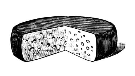 Antique black and white illustration of cheese wheel with wedge removed. 