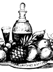 Antique black and white 19th century illustration of tray with fruits, decanter of beverage with stopper and glass.