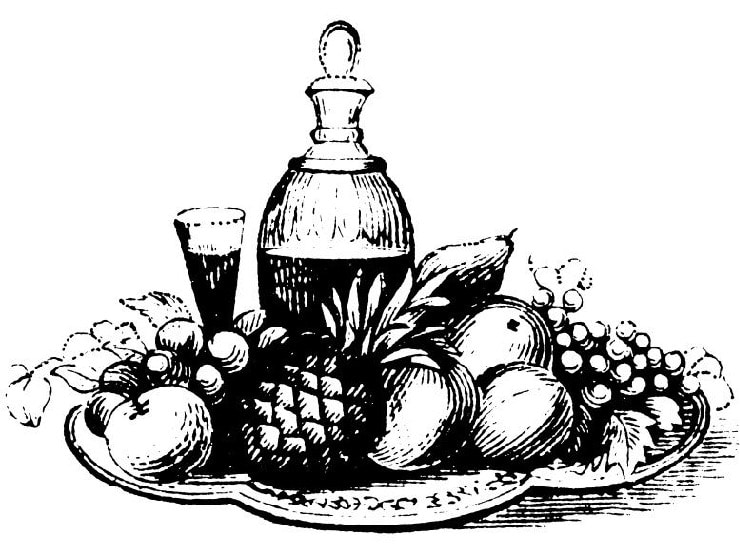 Antique black and white 19th century illustration of tray with fruits, decanter of beverage with stopper and glass.