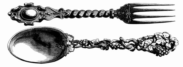 Antique black and white 19th century illustration of fork and spoon.