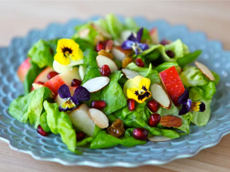 Tu B\'Shevat Salad - Healthy salad with butter lettuce, apples, pears, raisins, pomegranate seeds, almonds, and creamy homemade pomegranate dressing.