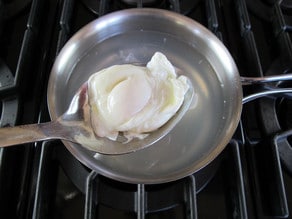 Single poached egg held in slotted spoon over saucepan with lightly simmering water on stovetop.