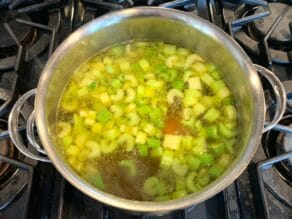 Pot of soup simmering slowly on the stovetop with celery pieces floating on top.