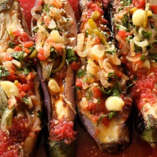 A delicious stuffed eggplant with tomato sauce