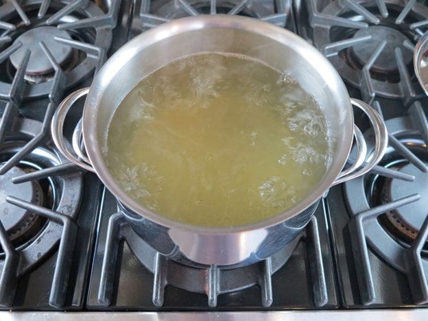 Stockpot of boiling chicken stock.