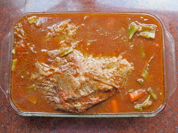Brisket in a glass dish.