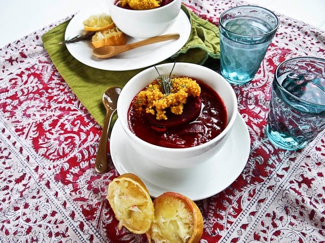 Beetroot & Maitake Stew with Turmeric Quinoa - A vegan stew recipe for Passover featuring beets, Maitake mushrooms, and quinoa with turmeric. Pareve, vegetarian, kosher for Pesach.