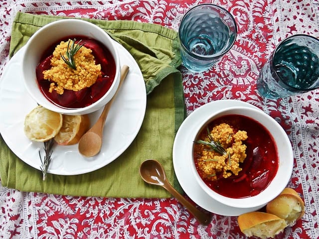 Beetroot & Maitake Stew with Turmeric Quinoa - A vegan stew recipe for Passover featuring beets, Maitake mushrooms, and quinoa with turmeric. Pareve, vegetarian, kosher for Pesach.