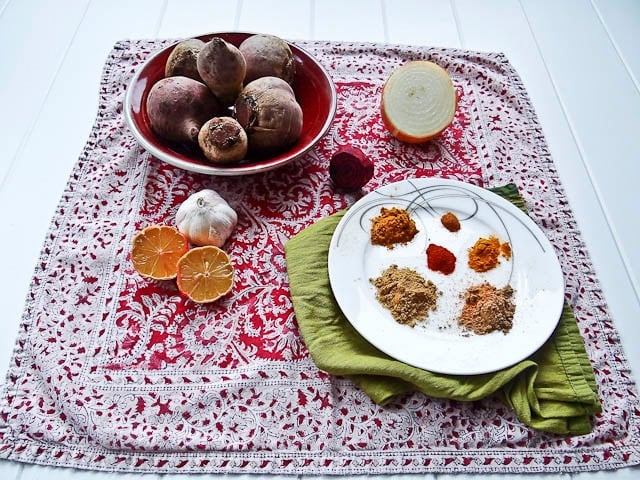 Beetroot & Maitake Stew with Turmeric Quinoa - A vegan stew recipe for Passover featuring beets, Maitake mushrooms, and quinoa with turmeric. Pareve, vegetarian, kosher for Pesach.