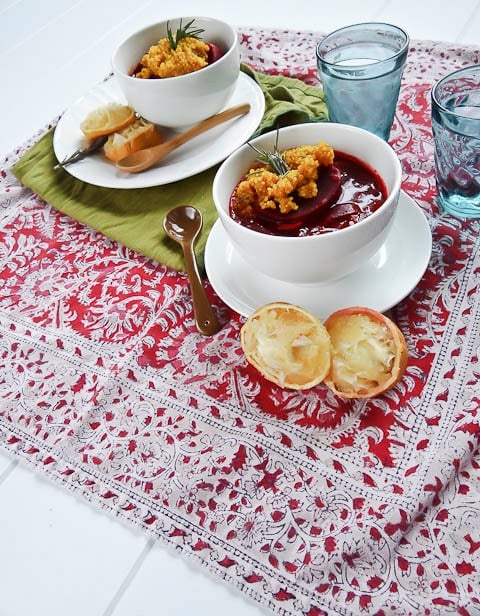 Beetroot & Maitake Stew with Turmeric Quinoa - A vegan stew recipe for Passover featuring beets, Maitake mushrooms, and quinoa with turmeric. Pareve, vegetarian, kosher for Pesach.