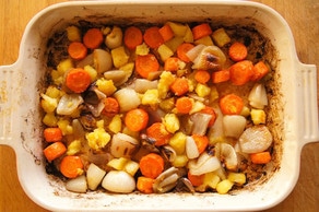 Root vegetables in a baking dish.