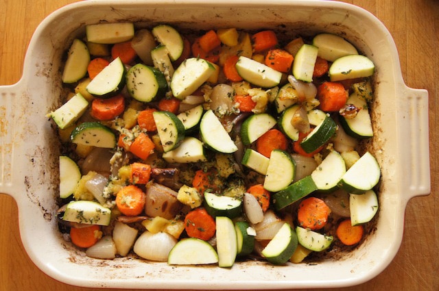 Root vegetables in a baking dish.