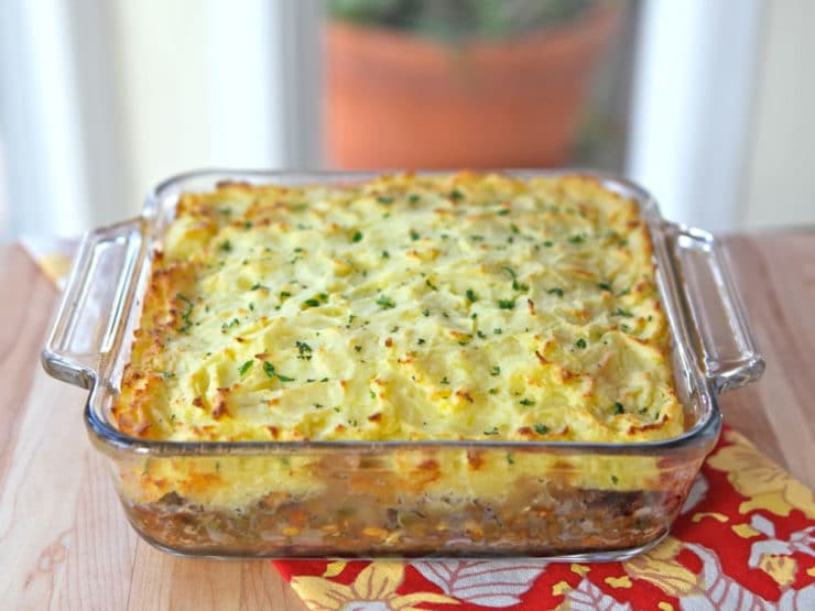 A delicious Shepherd's Pie with layers of seasoned ground meat, vegetables, and creamy mashed potatoes