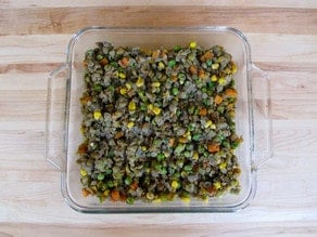 Vegetable mixture in a baking dish.