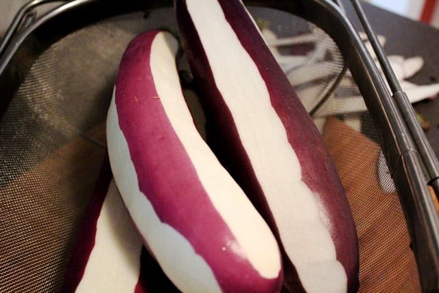 Eggplant peeled in stripes.