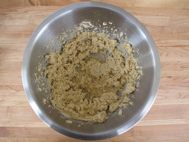 Butter and sugar creamed together in a bowl.