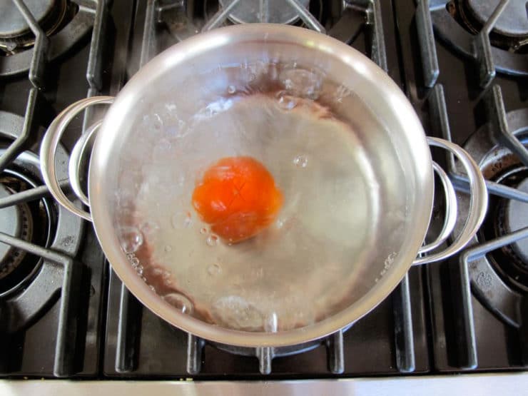 Tomato in pot of boiling water on stovetop.
