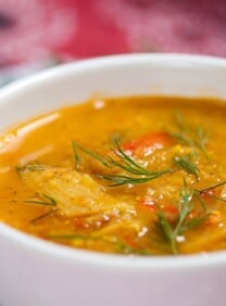Fish Soup - Learn an exotic, colorful recipe for kosher fish soup from Levana Kirschenbaum. Pareve, Kosher for Passover.