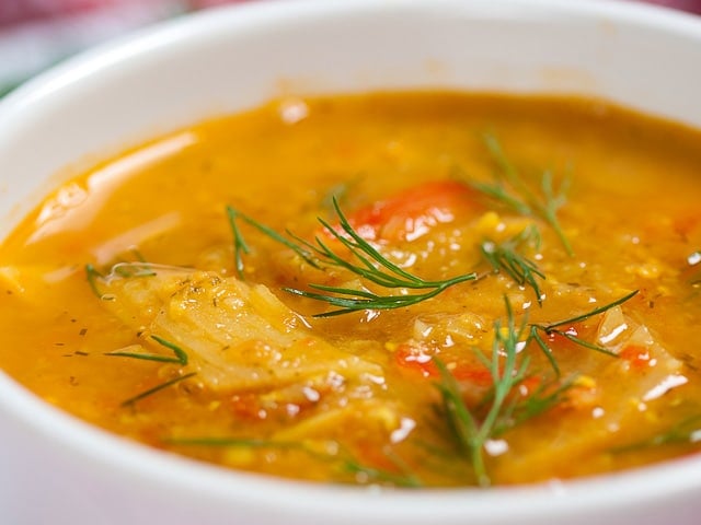 Fish Soup - Learn an exotic, colorful recipe for kosher fish soup from Levana Kirschenbaum. Pareve, Kosher for Passover.